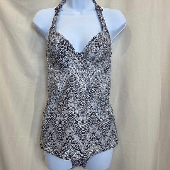 Freya Black White Snakeskin Print Halter Tankini‎ Swimsuit Set 32G - Picture 1 of 13